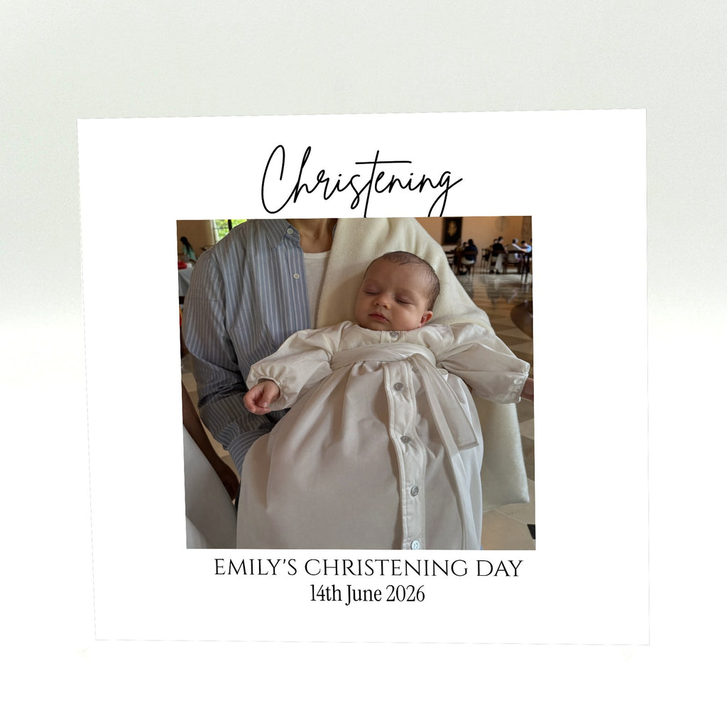 Personalised christening acrylic photo block with baby in christening gown