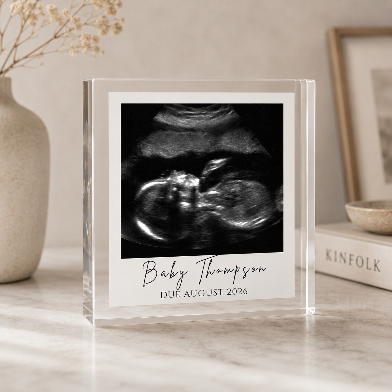 Baby scan acrylic block personalisation detail