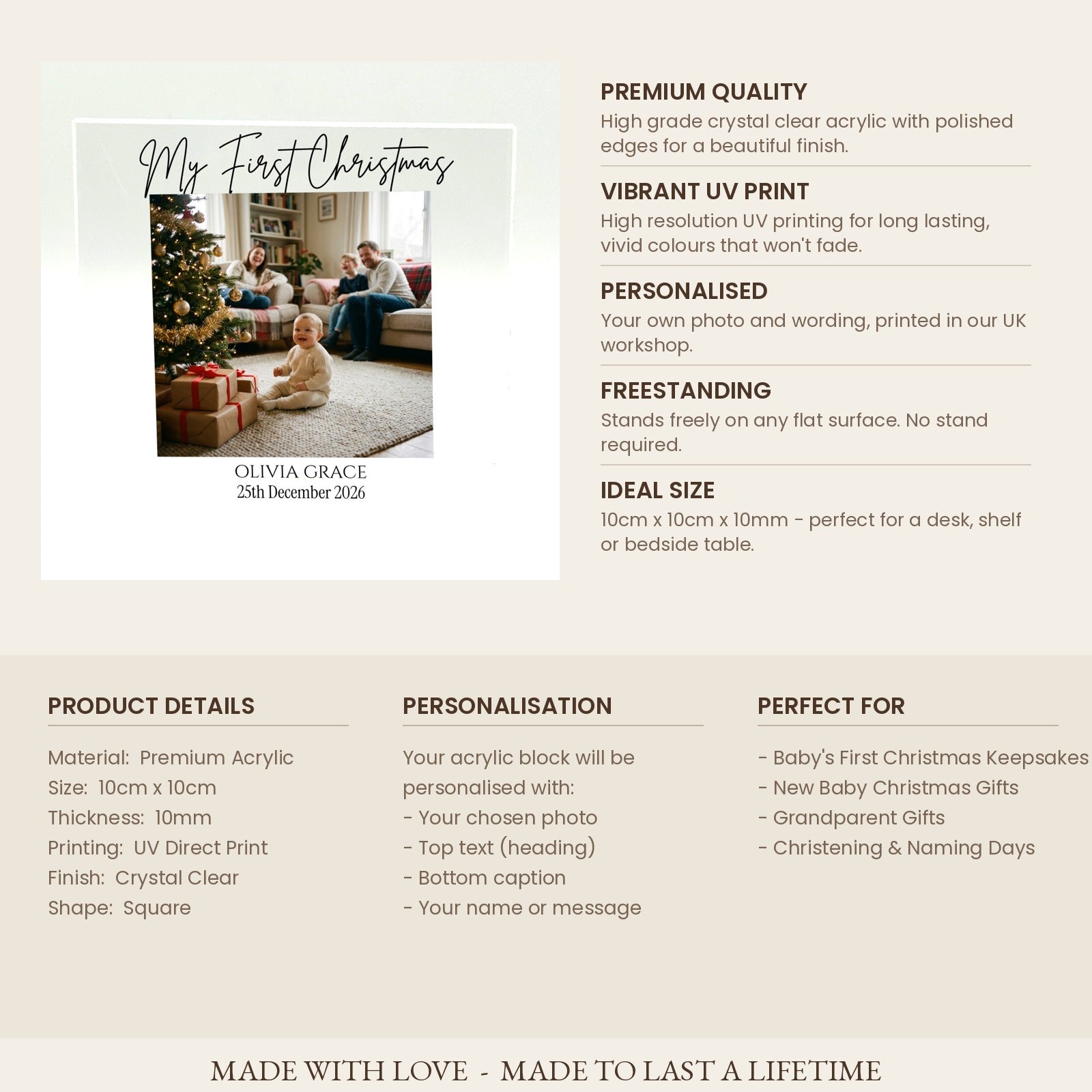 Product specifications card for Baby's First Christmas acrylic photo block