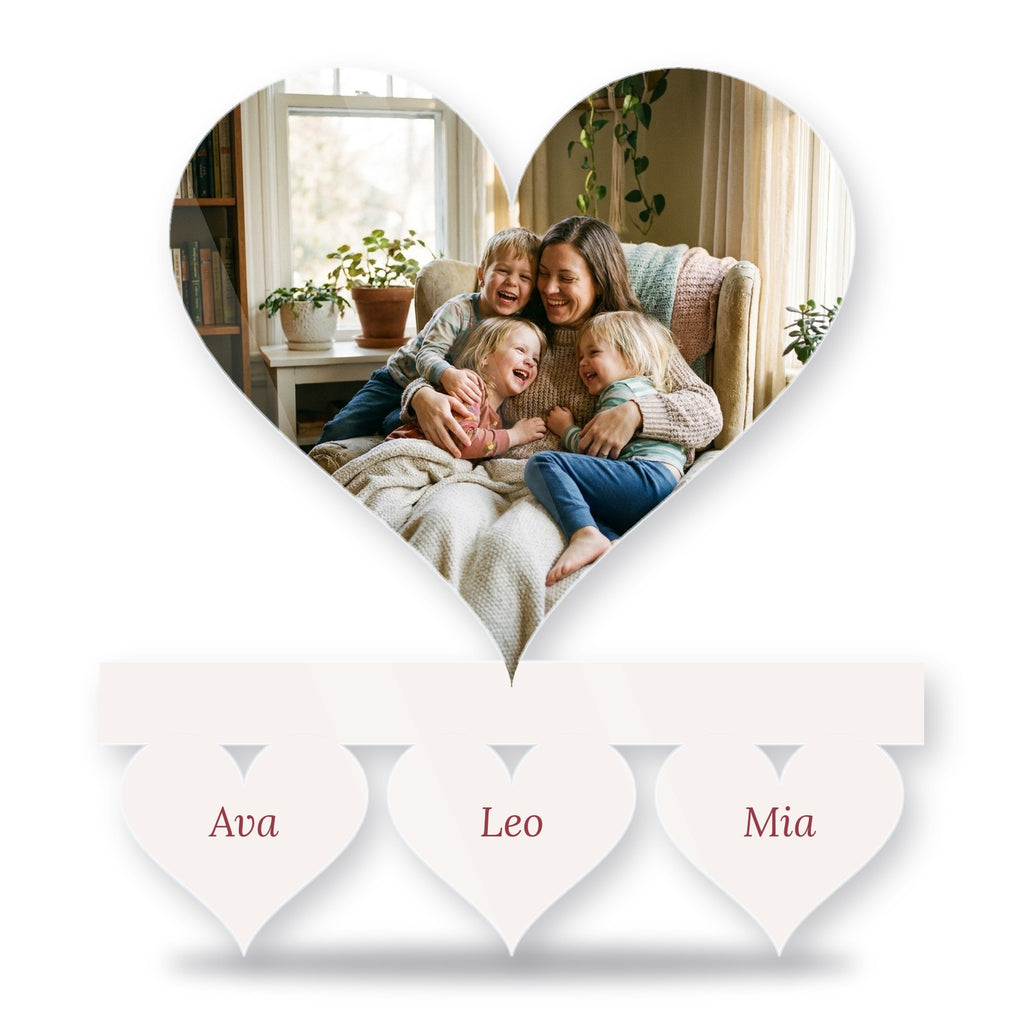 Personalised family hearts acrylic photo block with family photo and children's names