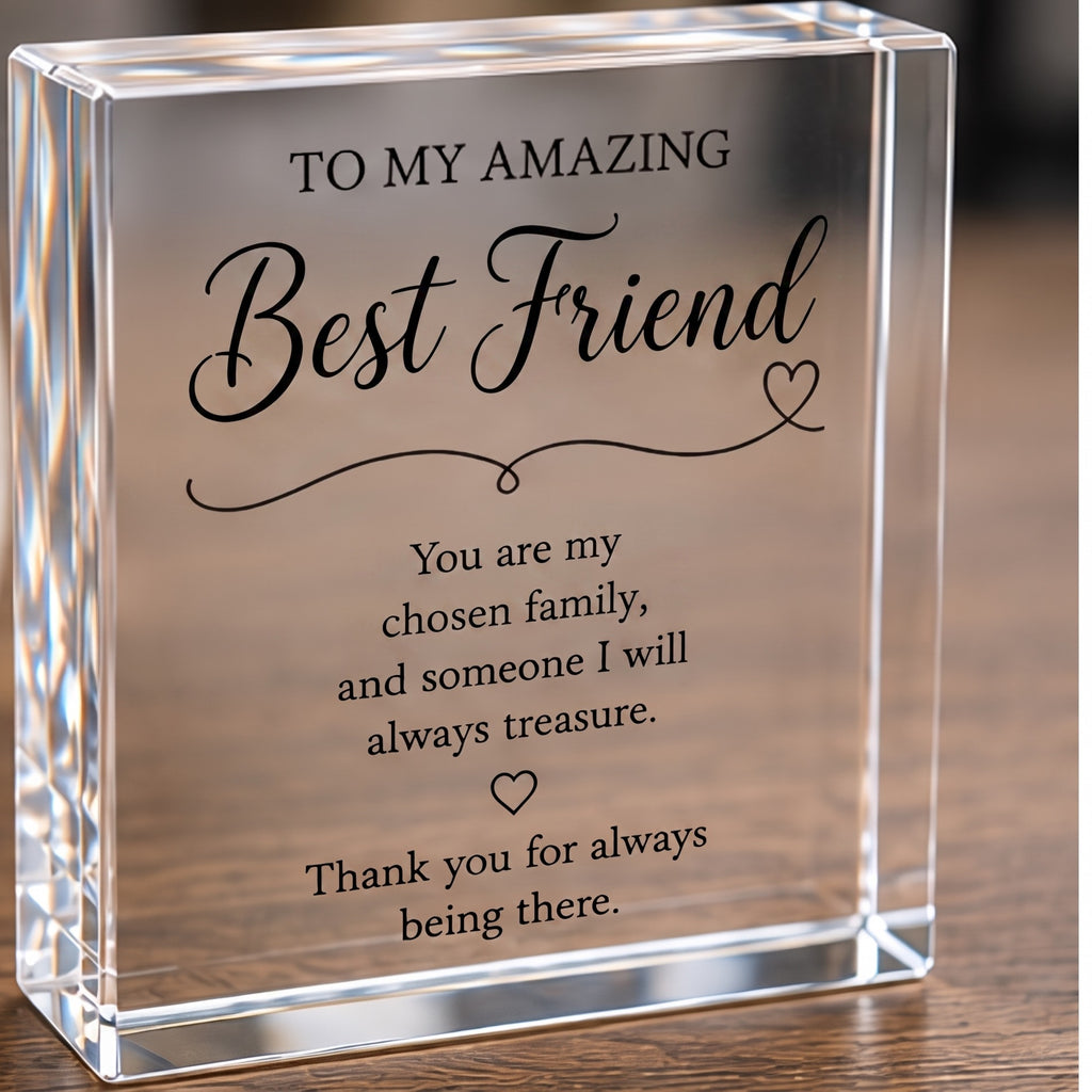 Personalised Best Friend clear acrylic keepsake block with verse, freestanding on a wooden table