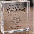 Personalised Best Friend clear acrylic keepsake block with verse, freestanding on a wooden table