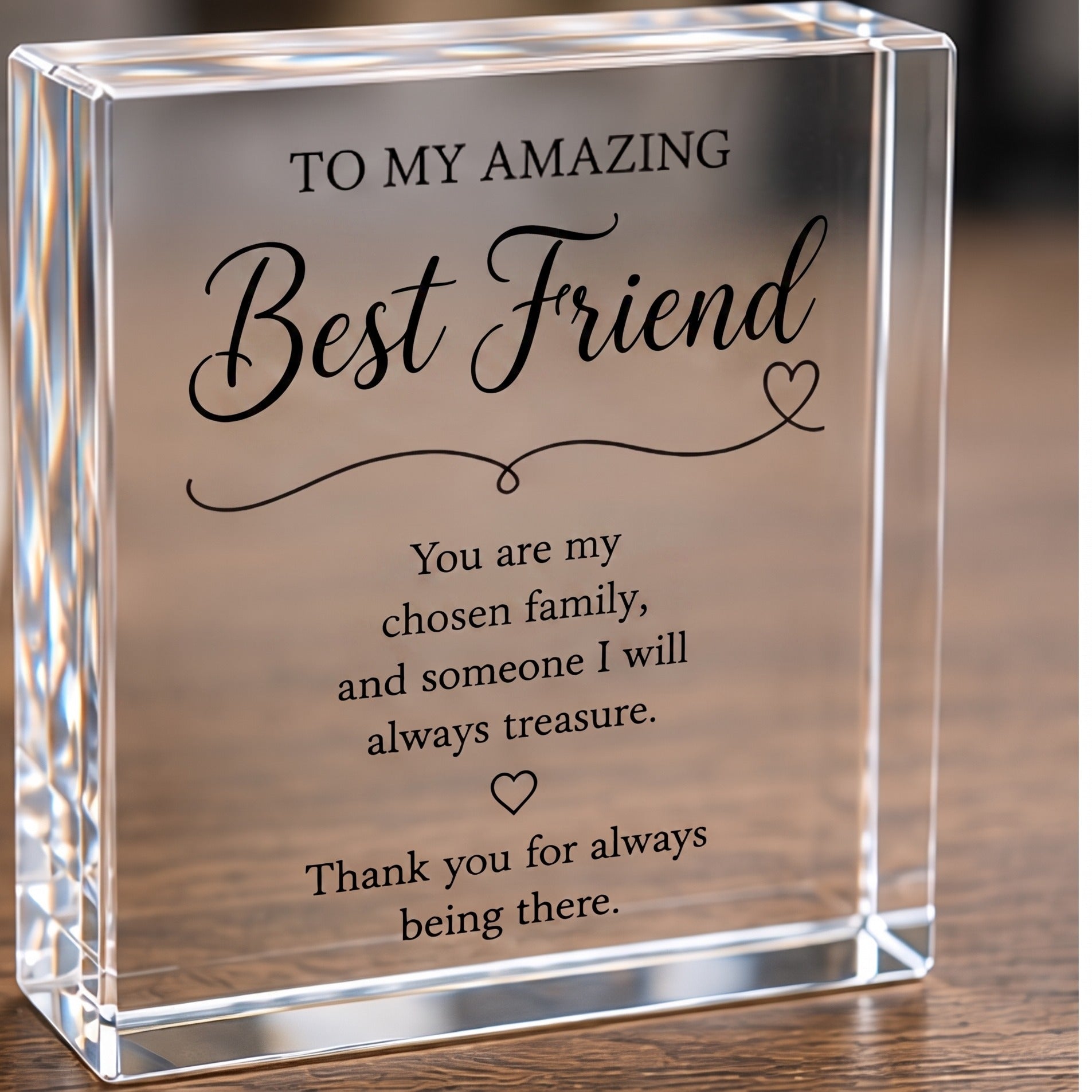 Personalised Best Friend clear acrylic keepsake block with verse, freestanding on a wooden table