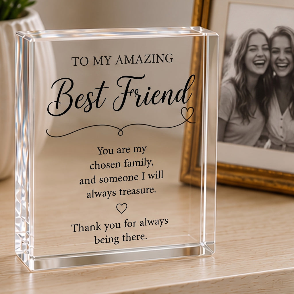 Best Friend acrylic keepsake block styled on a sideboard beside a framed photo of two friends