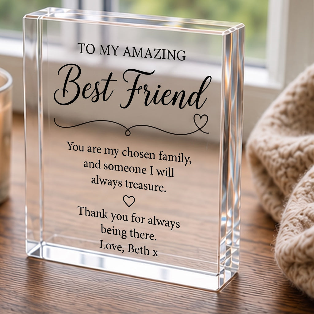 Best Friend keepsake block on a windowsill showing personalised message Love, Beth x