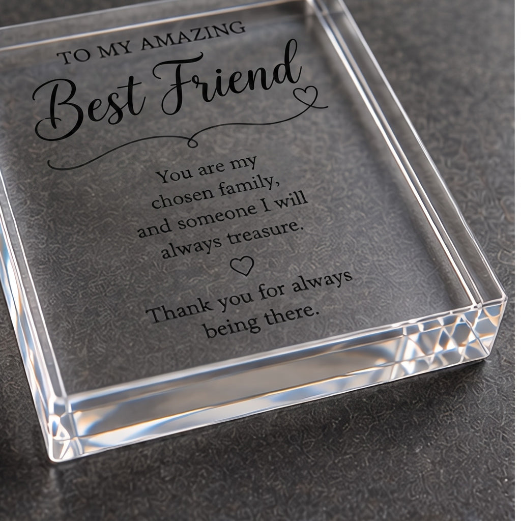 Angled detail view of the clear acrylic Best Friend keepsake block