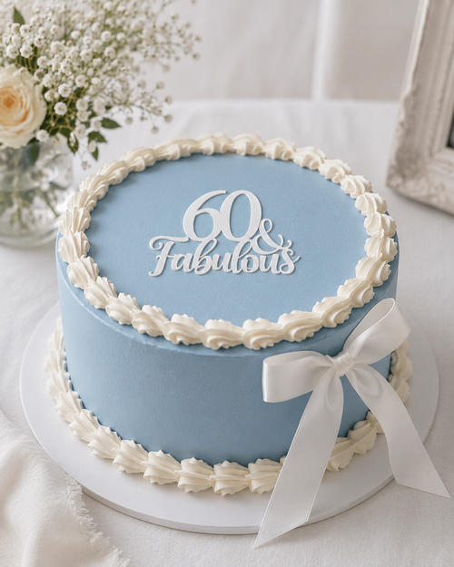 60 and Fabulous white acrylic cake topper on birthday cake
