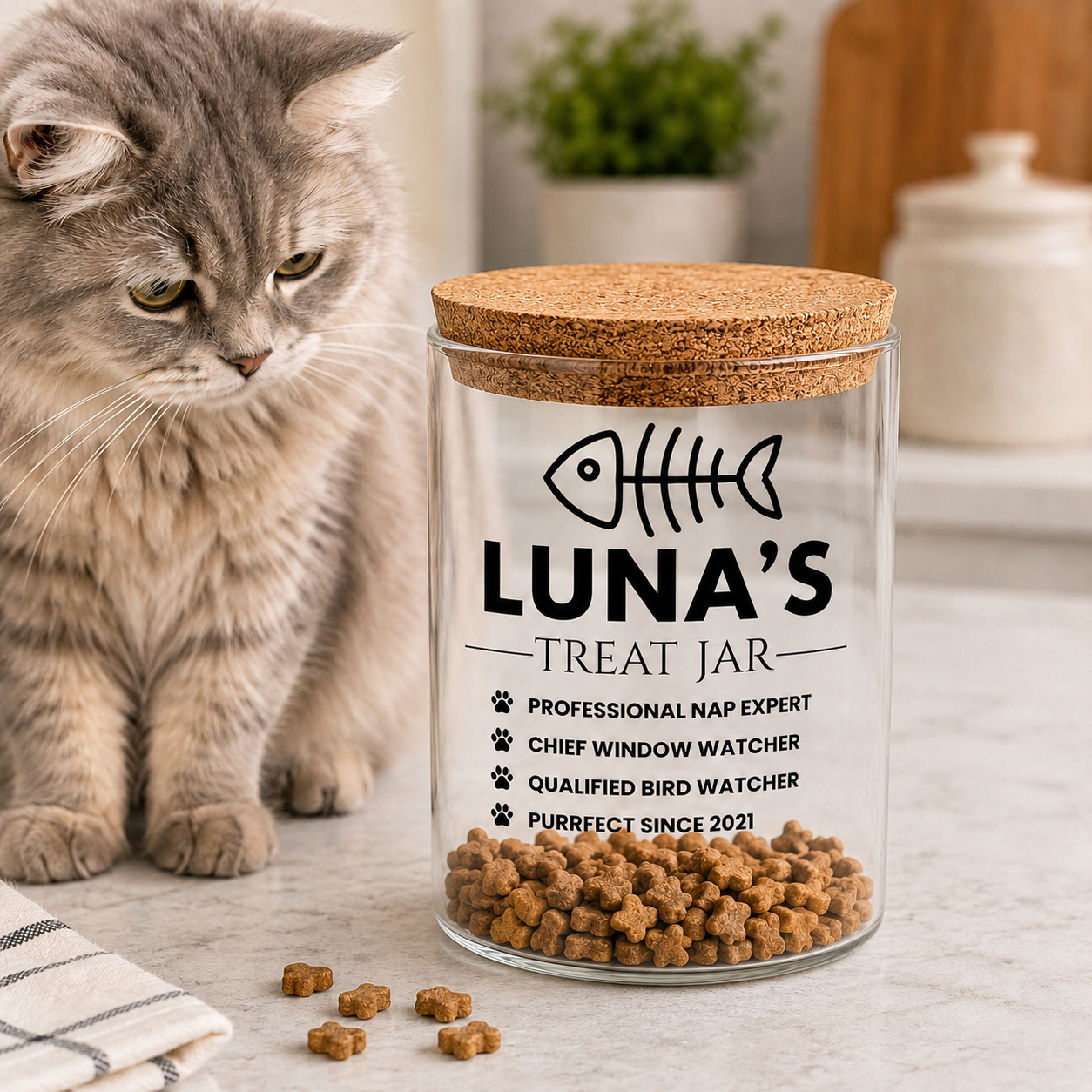 Personalised cat treat jar with cork lid and cat name design