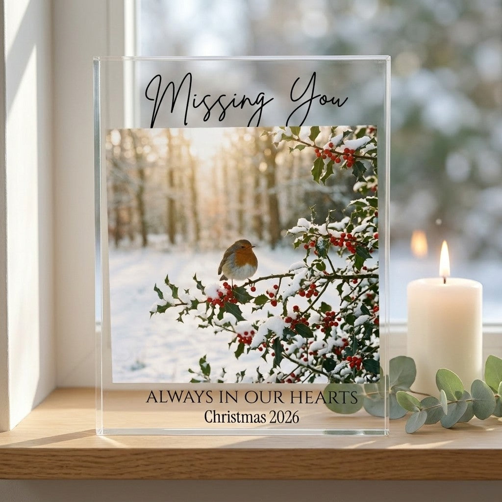 Christmas memorial acrylic photo block displayed in a home setting
