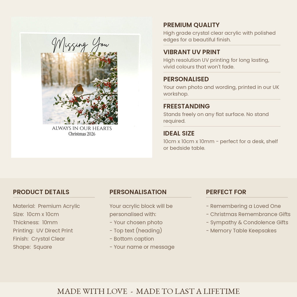 Product specifications card for Christmas memorial acrylic photo block