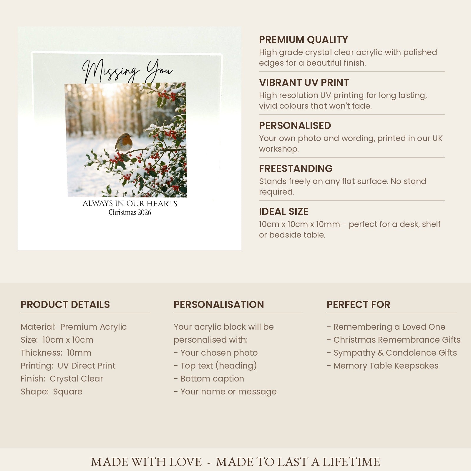 Product specifications card for Christmas memorial acrylic photo block