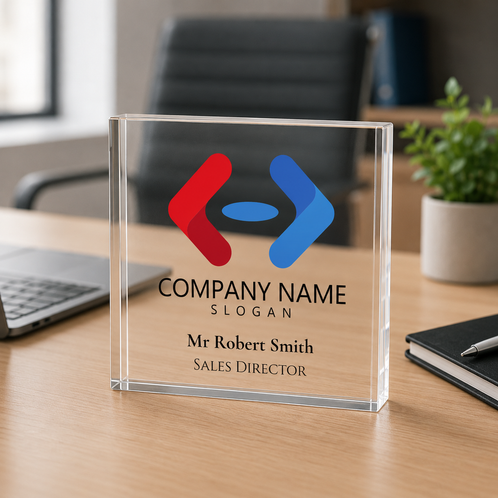 Personalised acrylic desk name plate with company logo and job title