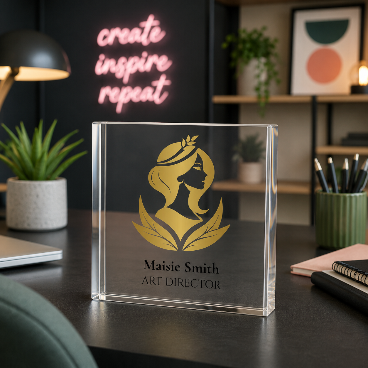 Acrylic desk name plate personalisation detail