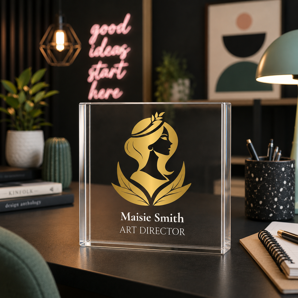 Acrylic desk name plate freestanding office display