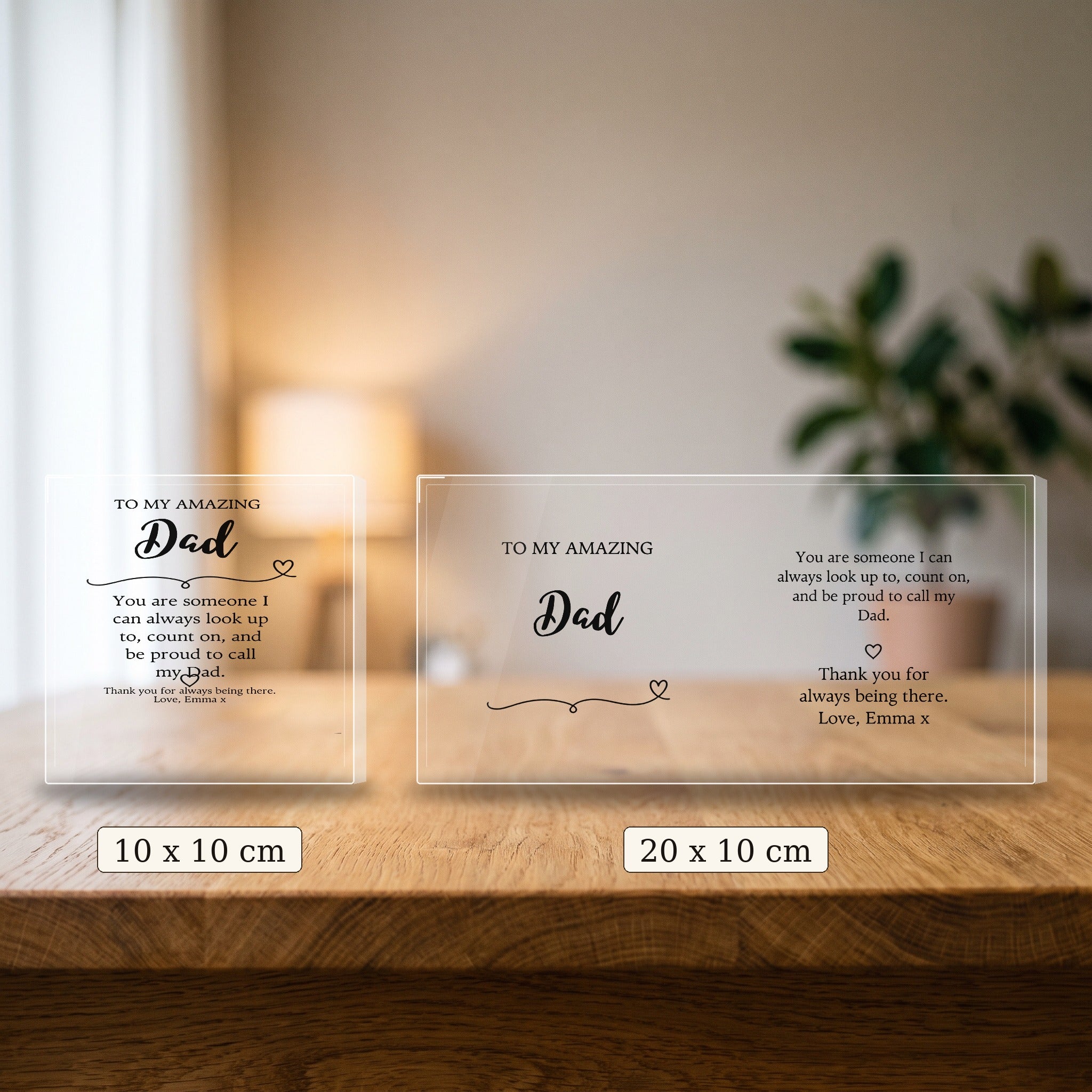 Size comparison: 10 x 10 cm and 20 x 10 cm personalised Dad keepsake blocks