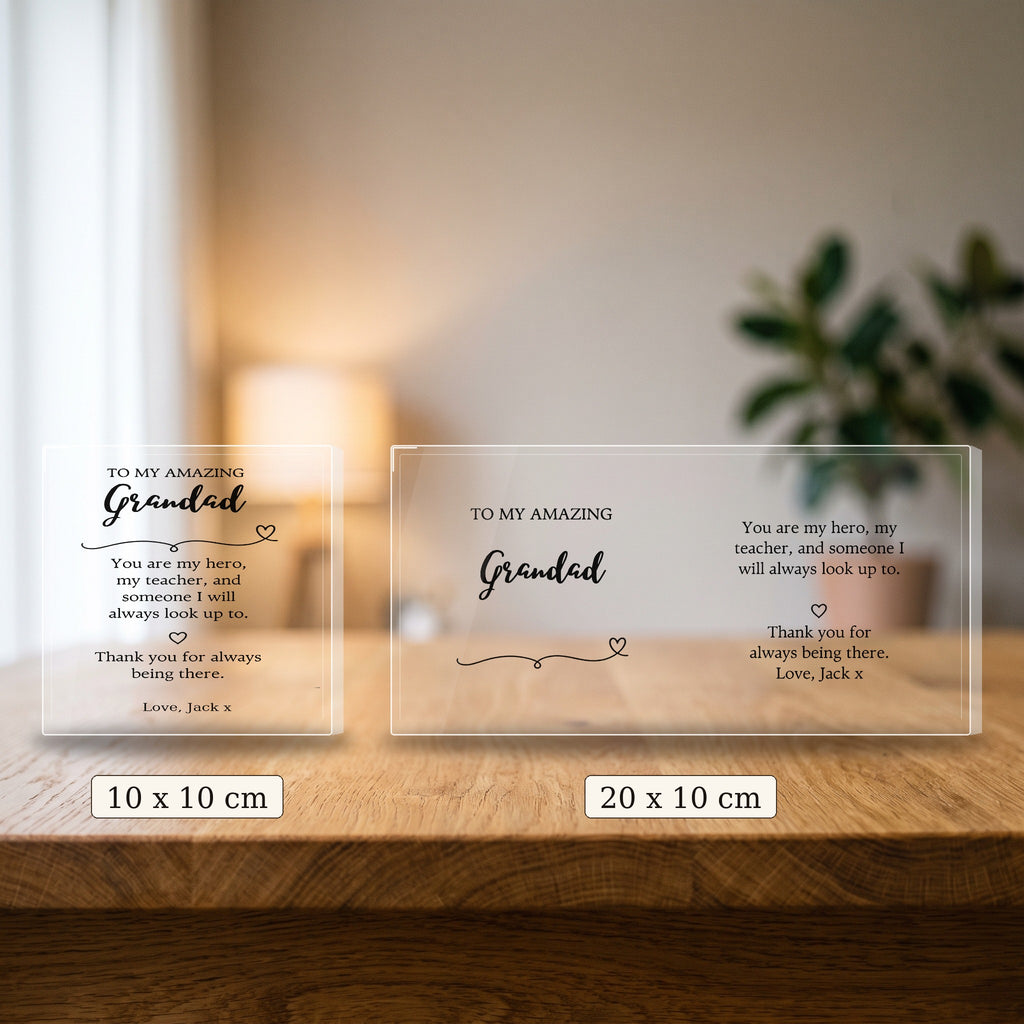 Size comparison: 10 x 10 cm and 20 x 10 cm personalised Grandad keepsake blocks