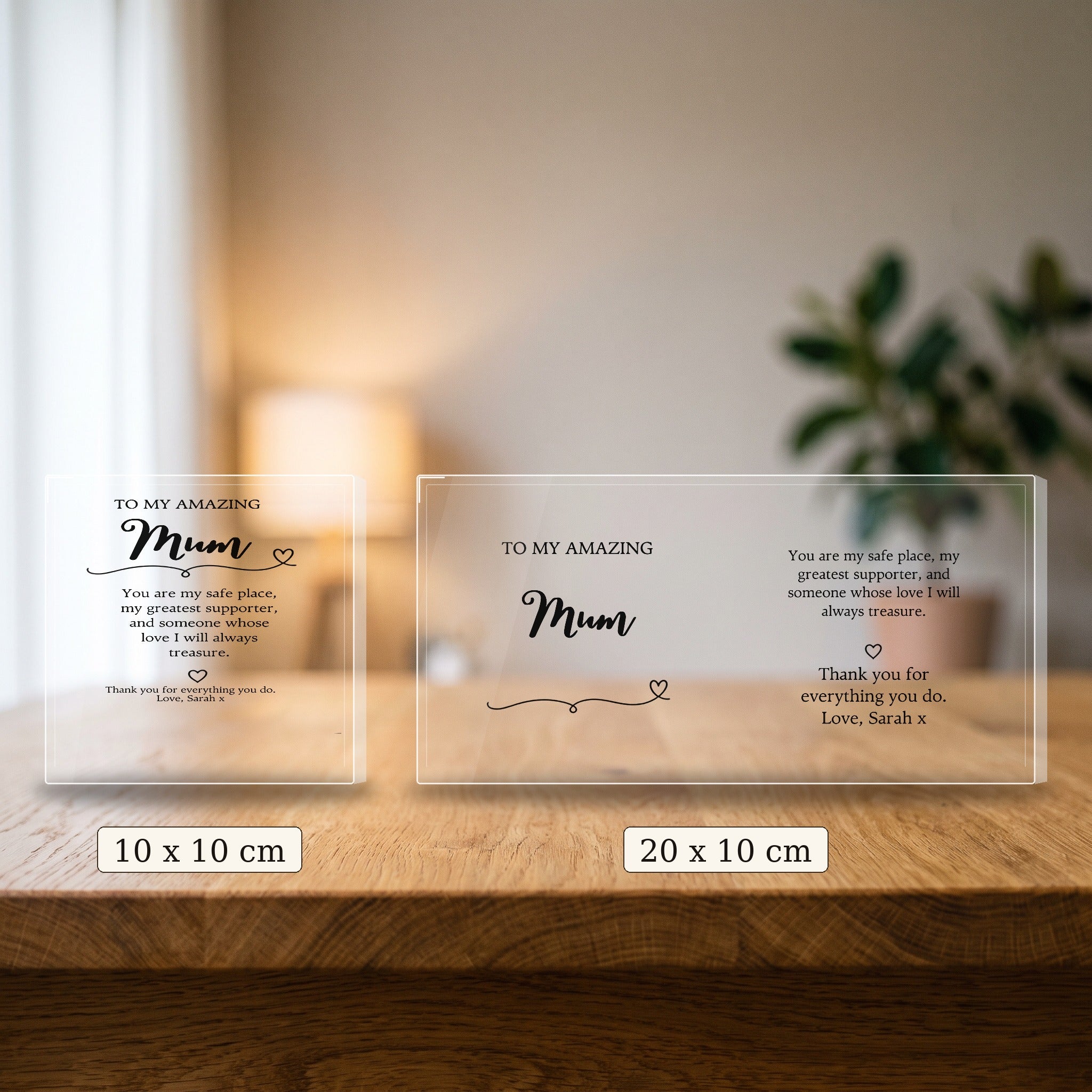 Size comparison: 10 x 10 cm and 20 x 10 cm personalised Mum keepsake blocks