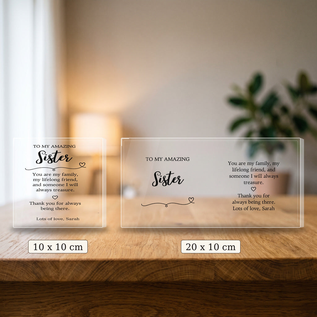 Size comparison: 10 x 10 cm and 20 x 10 cm personalised Sister keepsake blocks