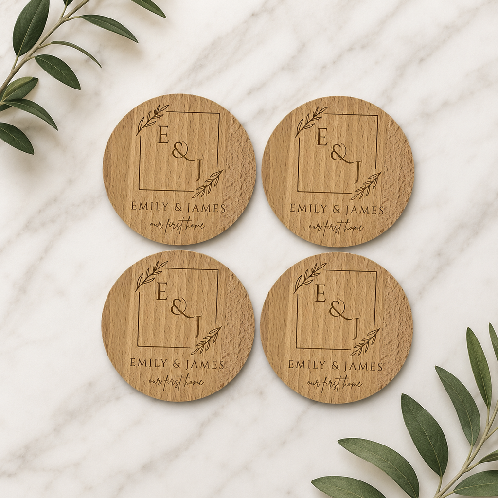 Engraved wooden coaster set with couple names