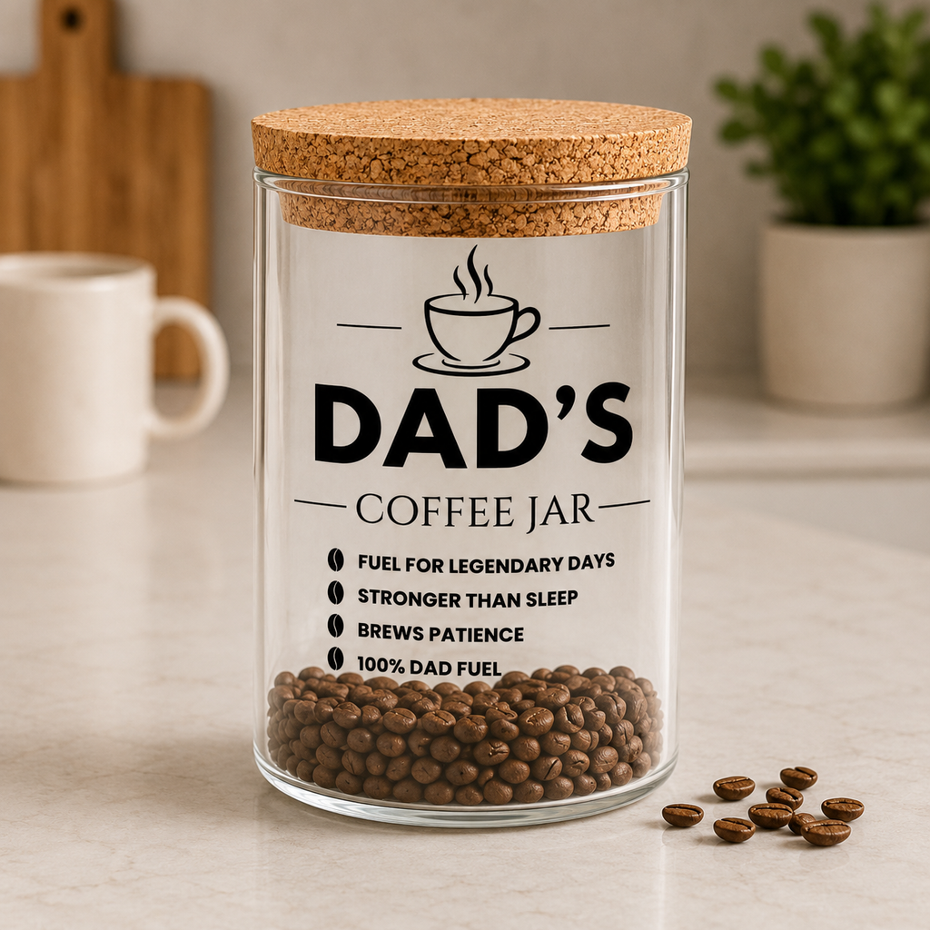 Personalised coffee jar with cork lid UV printed Dad's Coffee Jar design