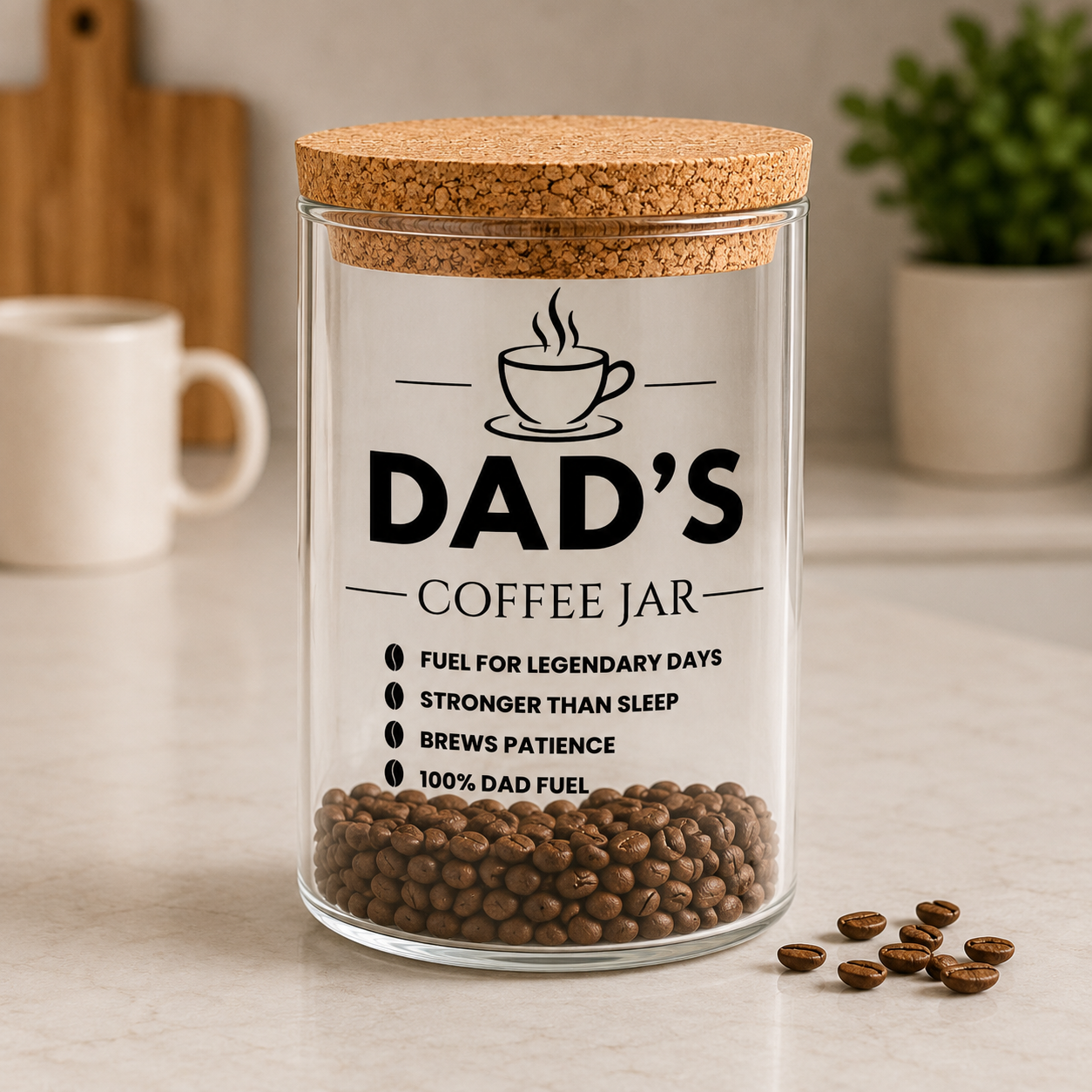 Personalised coffee jar with cork lid UV printed Dad's Coffee Jar design
