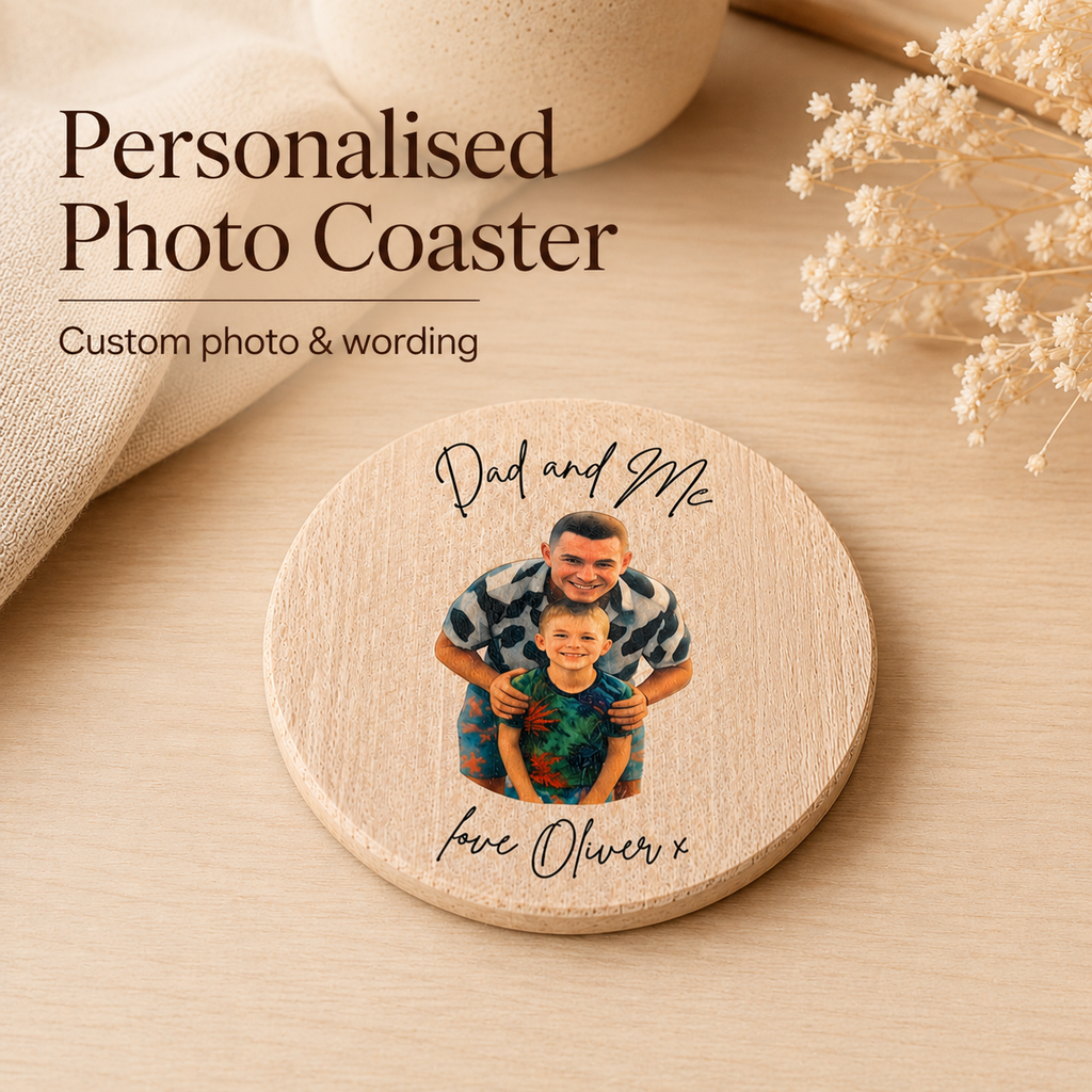 Personalised photo wooden coaster with Dad and Me custom photo and wording