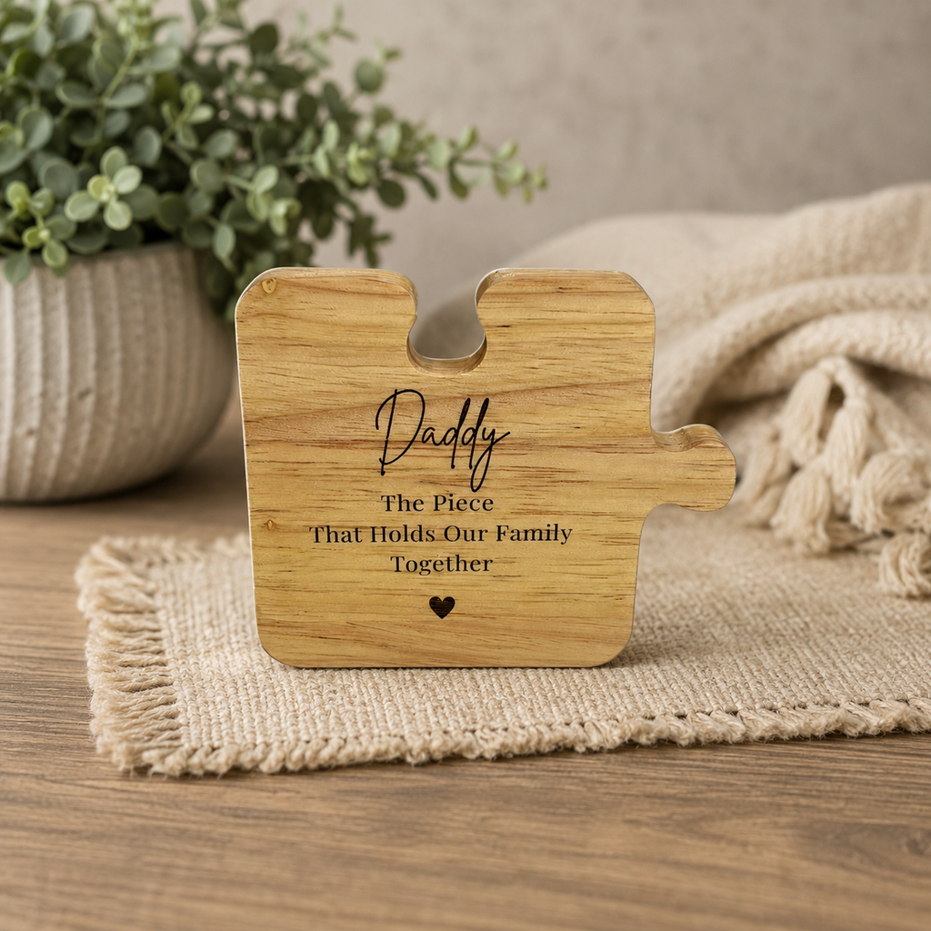 Dad wooden puzzle piece engraving detail
