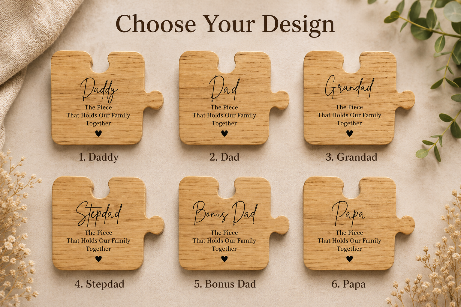 Dad wooden puzzle piece size detail