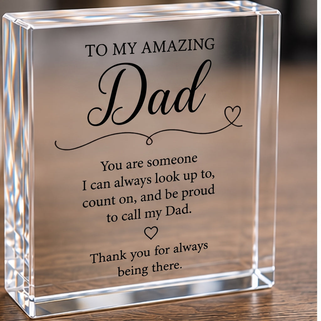 Personalised Dad clear acrylic keepsake block with verse, freestanding on a wooden table
