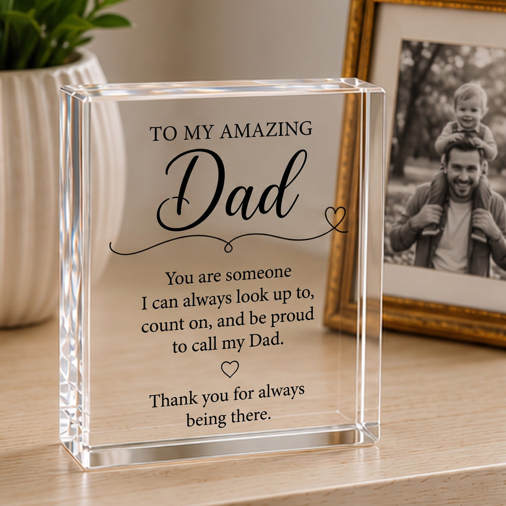 Dad acrylic keepsake block styled on a sideboard beside a framed father and child photo