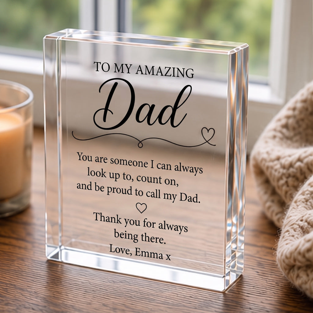 Dad keepsake block on a windowsill showing personalised message Love, Emma x
