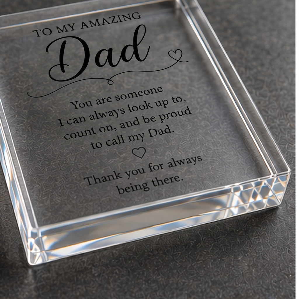 Angled detail view of the clear acrylic Dad keepsake block