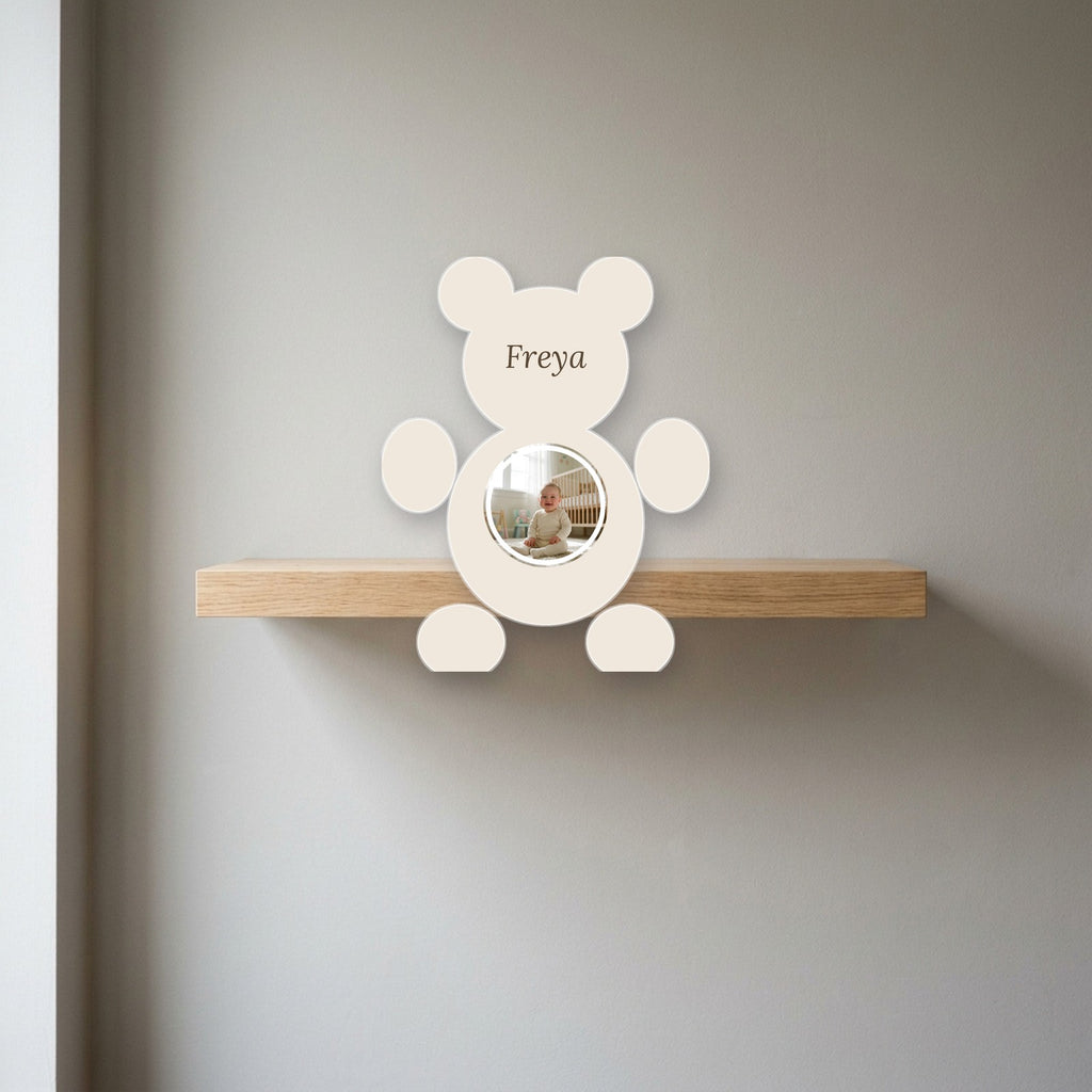 Teddy photo block displayed on a shelf