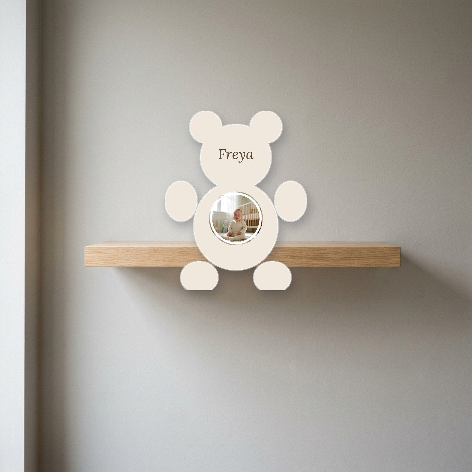 Teddy photo block displayed on a shelf