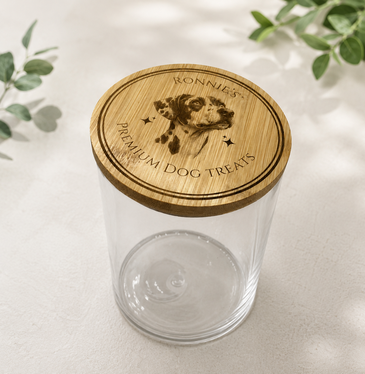 Dog treat glass jar with engraved lid kitchen display