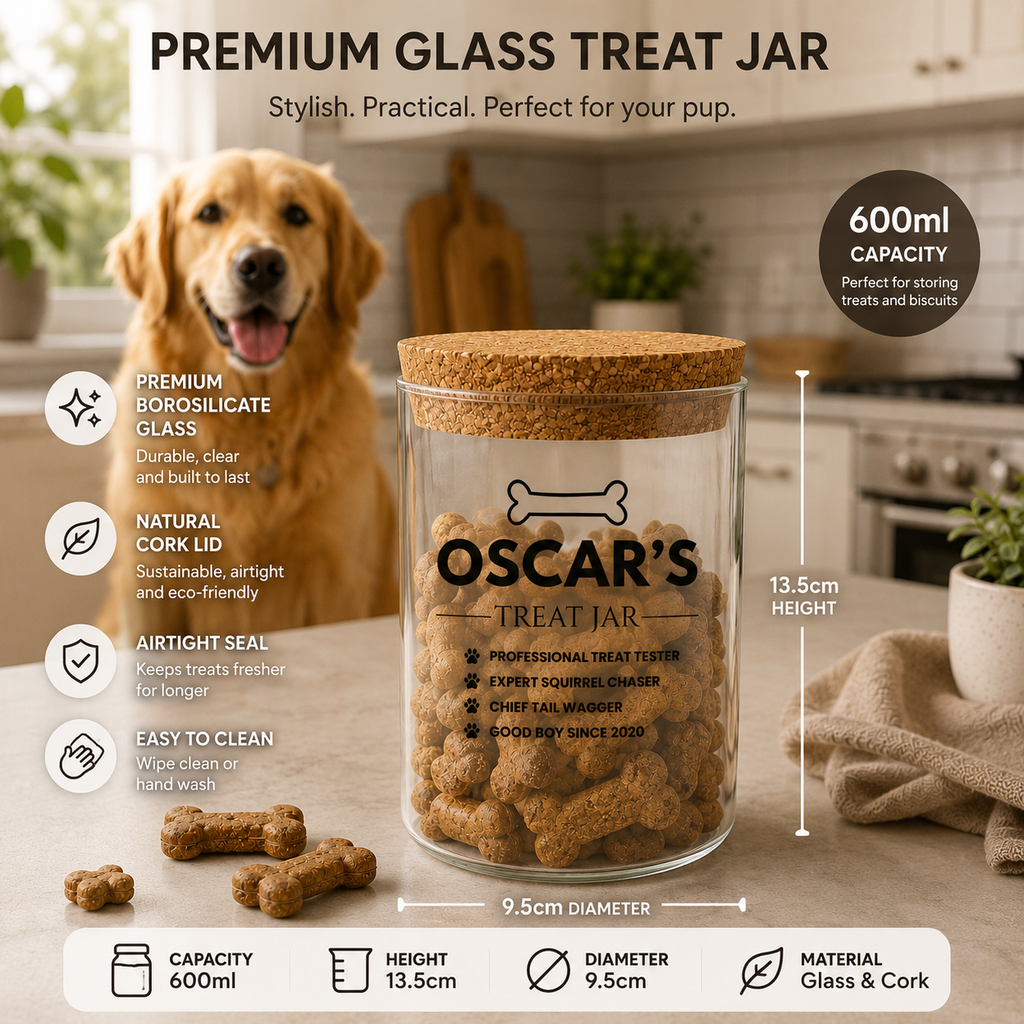 Personalised dog treat glass jar with cork lid and UV printed name design
