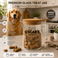 Personalised dog treat glass jar with cork lid and UV printed name design