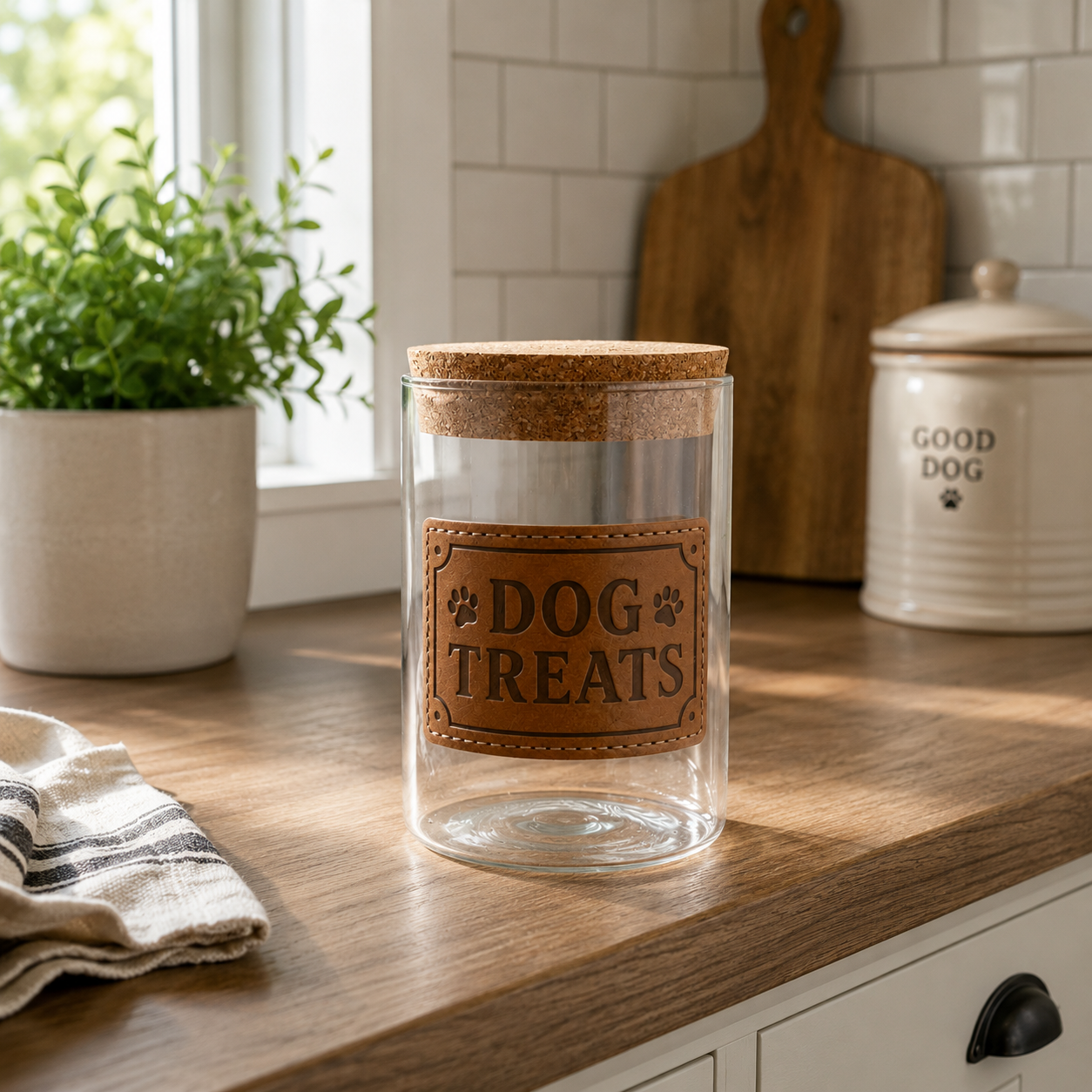 Dog treat glass jar cork lid detail