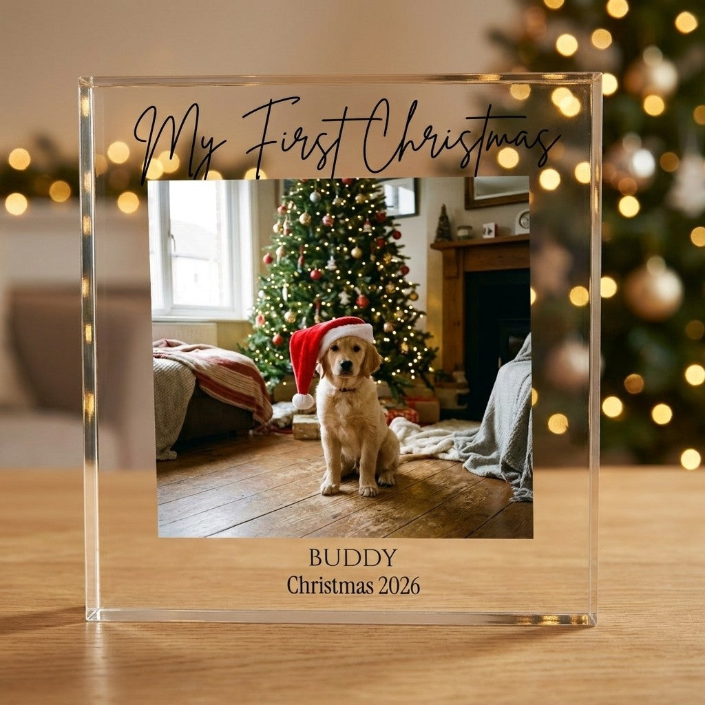 Dog's First Christmas acrylic photo block displayed in a festive home setting