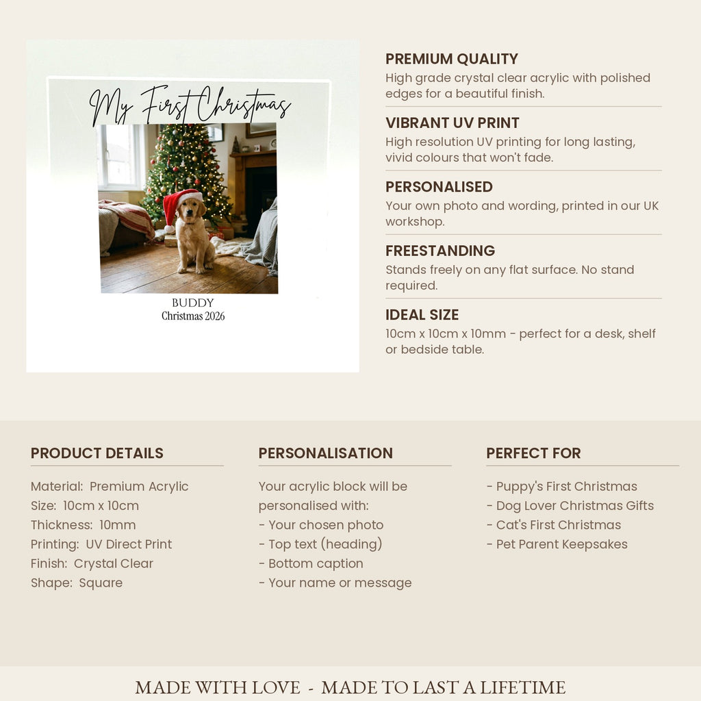 Product specifications card for Dog's First Christmas acrylic photo block