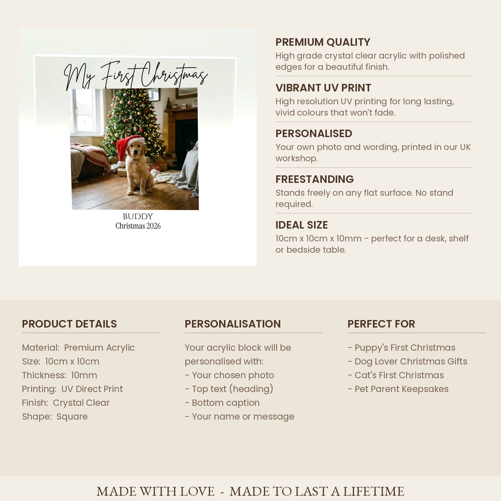 Product specifications card for Dog's First Christmas acrylic photo block