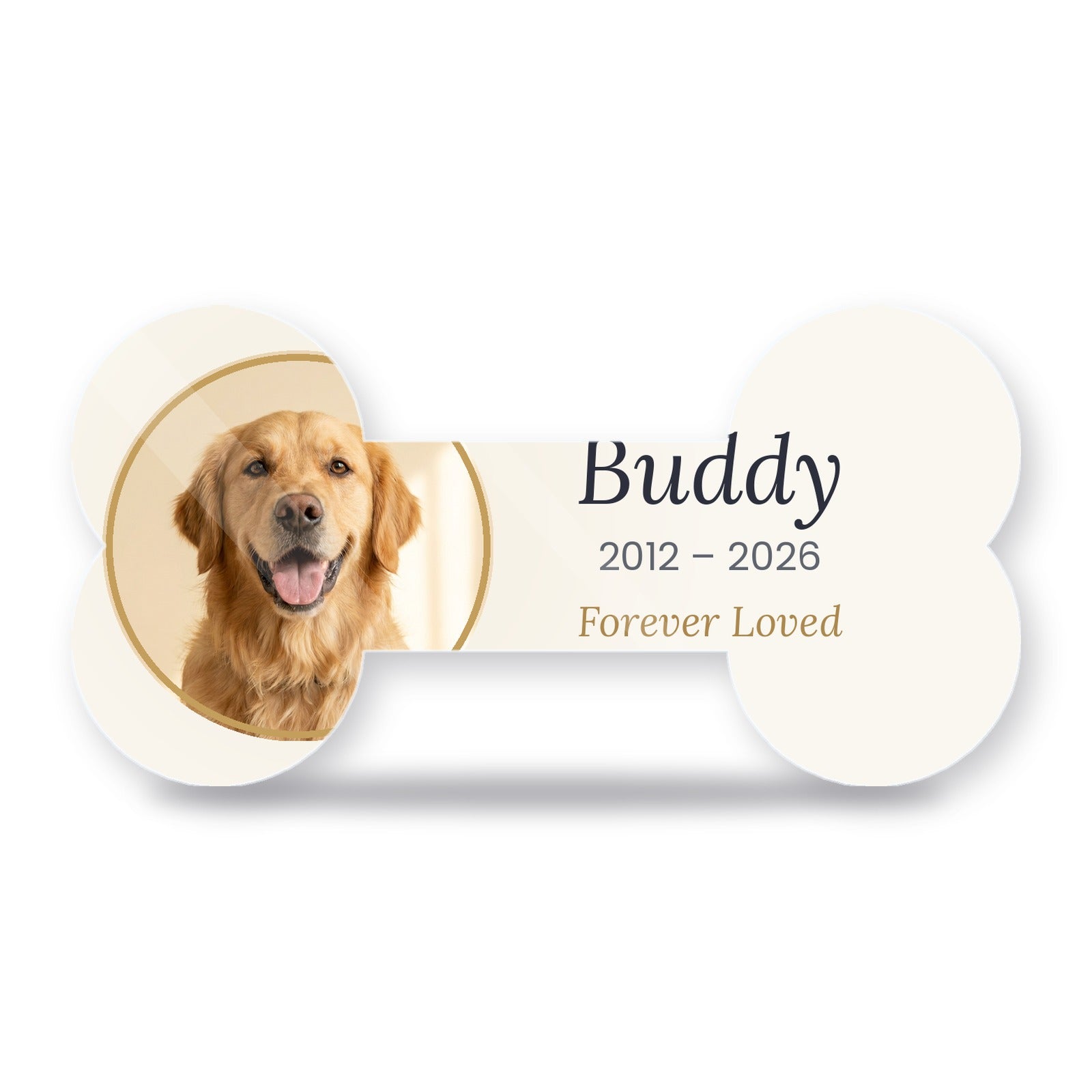 Personalised bone-shaped acrylic pet memorial photo block with dog photo, name and dates