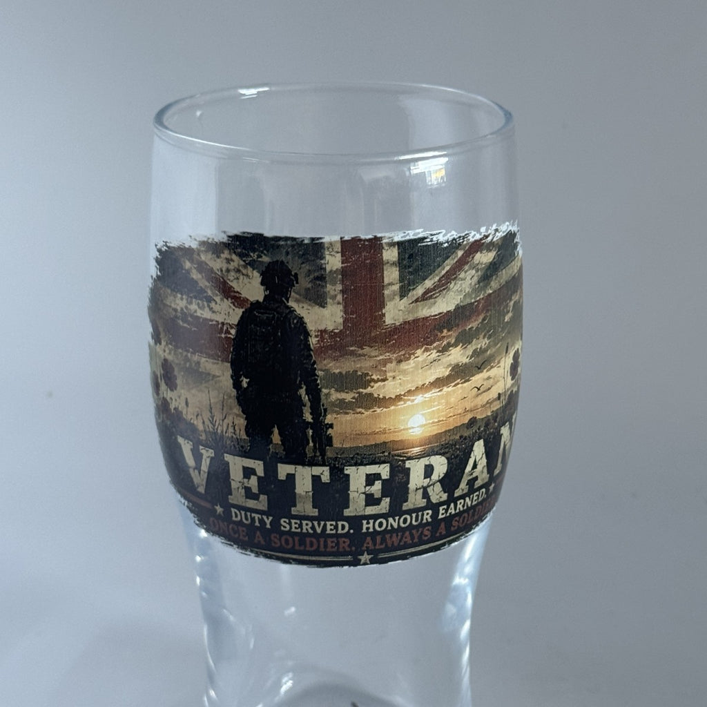 Veteran pint glass with Union Jack sunset soldier design