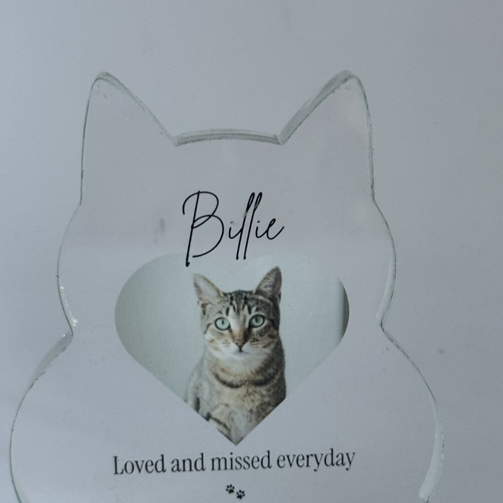 Cat shaped acrylic pet memorial photo block with photo and name