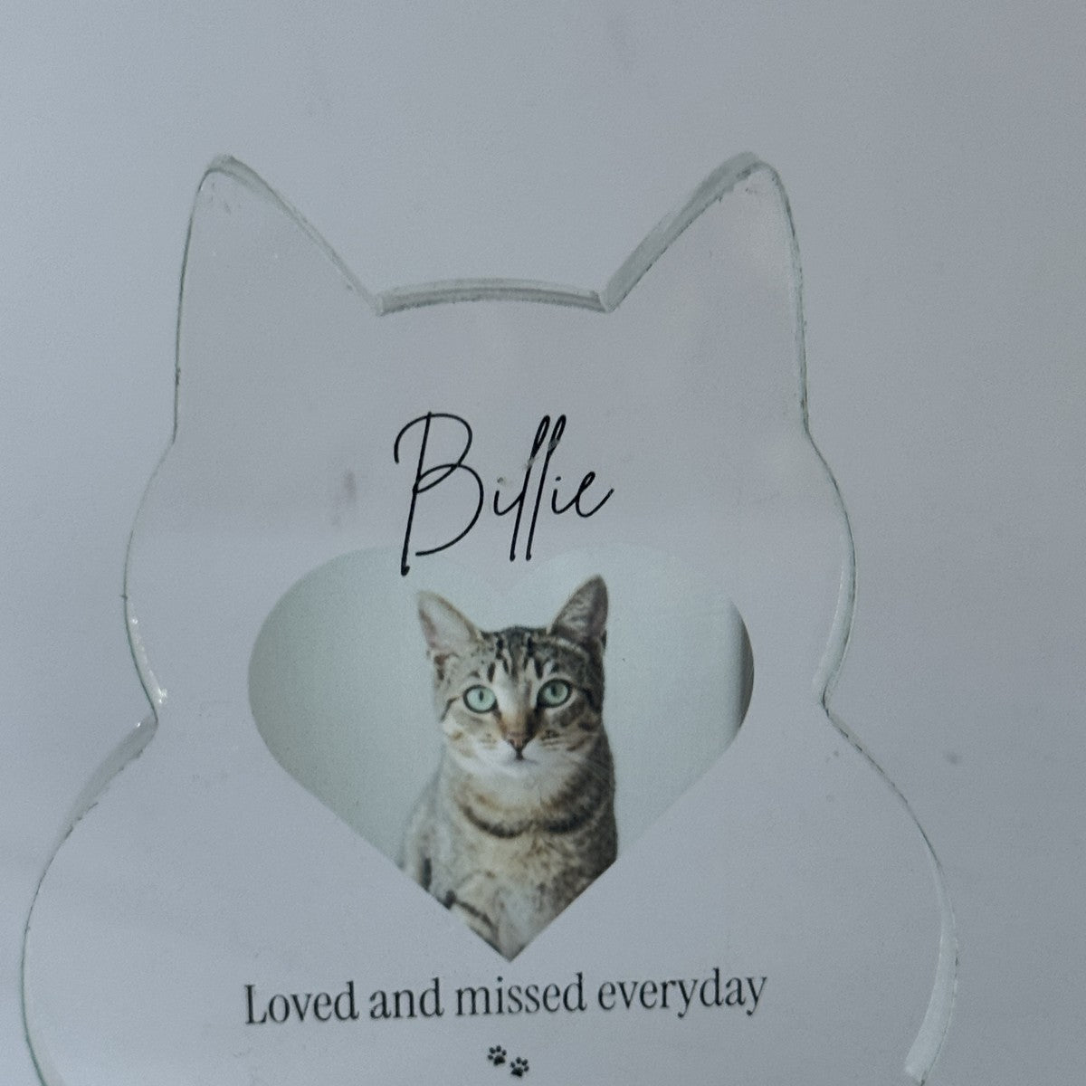 Cat shaped acrylic pet memorial photo block with photo and name