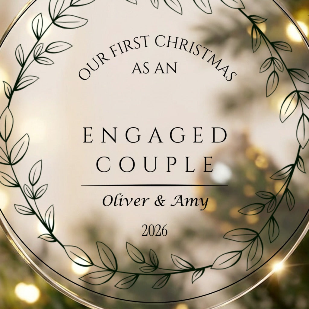 Close up of the engaged couple wreath design UV printed on clear acrylic