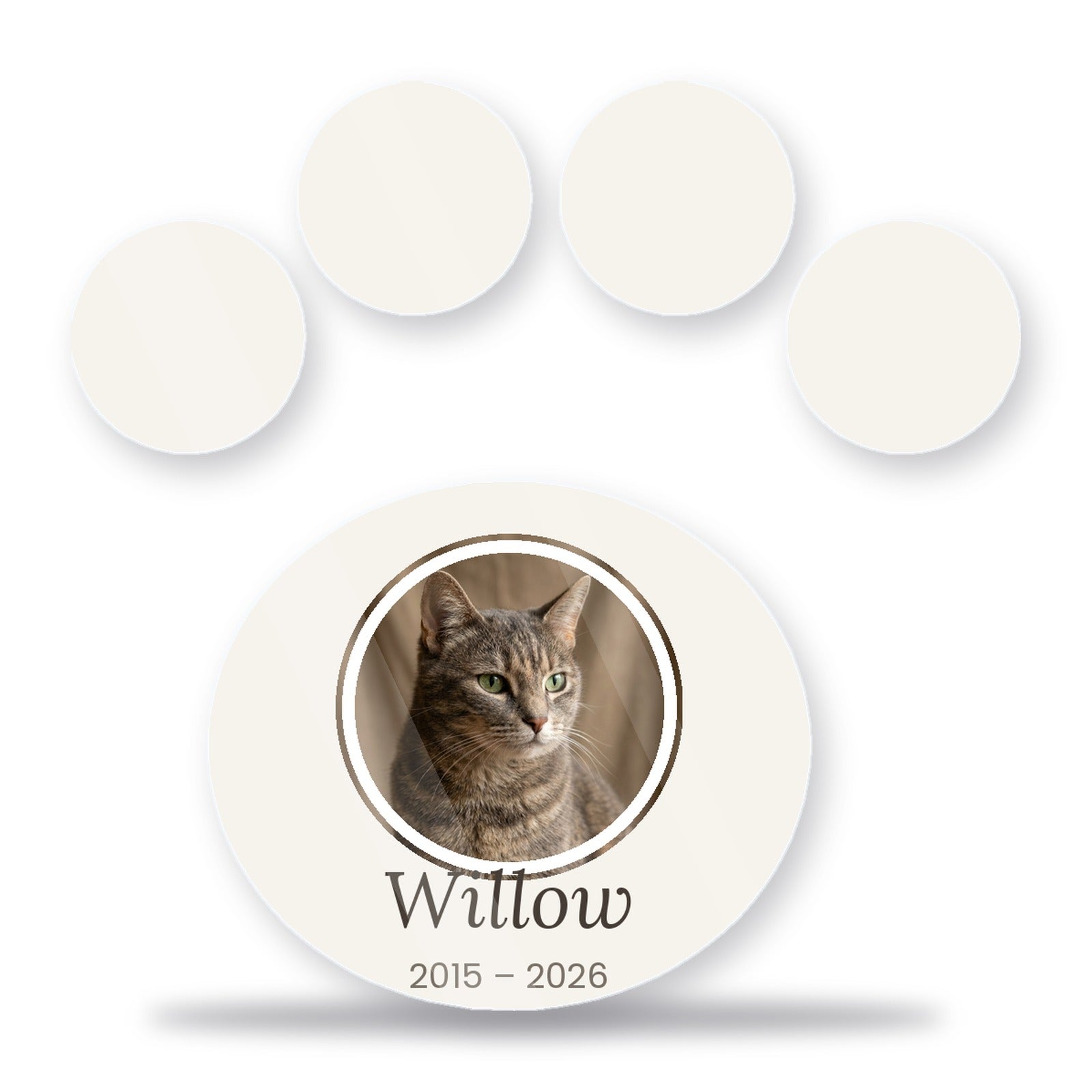 Personalised paw-shaped acrylic photo block with cat photo and name