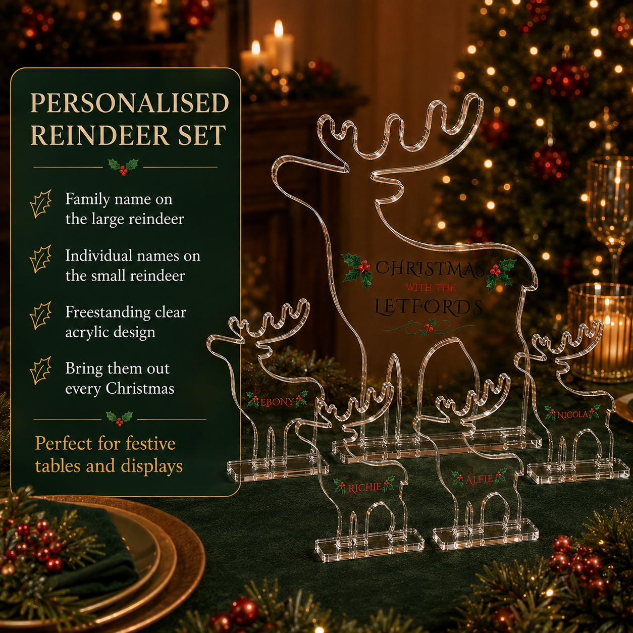 Freestanding reindeer product features infographic