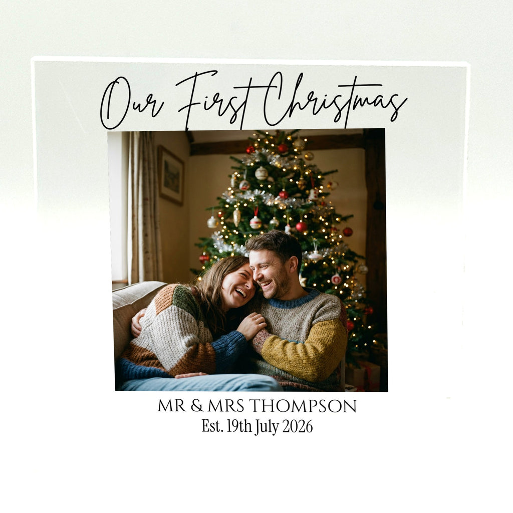 Personalised First Christmas Mr and Mrs acrylic photo block, 10x10cm 10mm