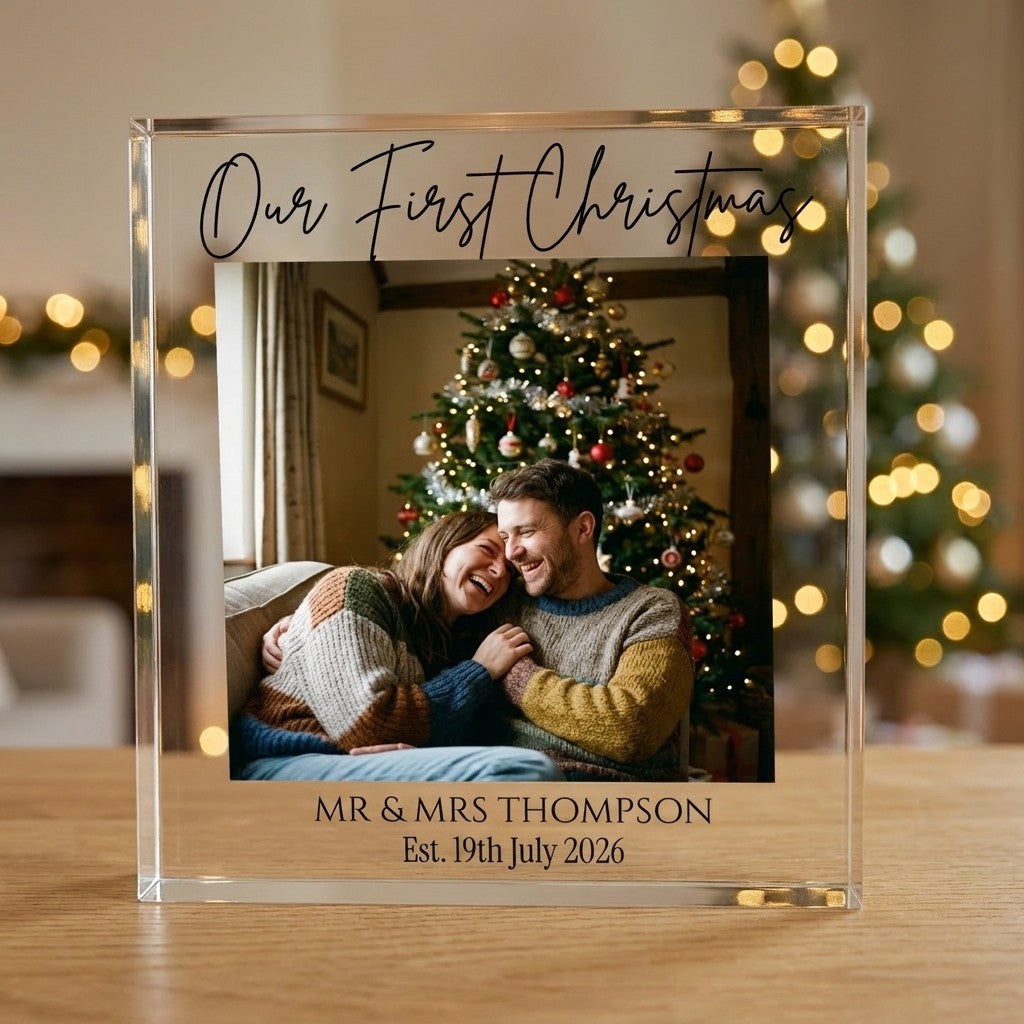 First Christmas Mr and Mrs acrylic photo block displayed in a festive home setting